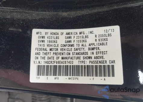 2014 Honda Accord Ex-L from USA, damaged, VIN 1HGCR2F86EA097400
